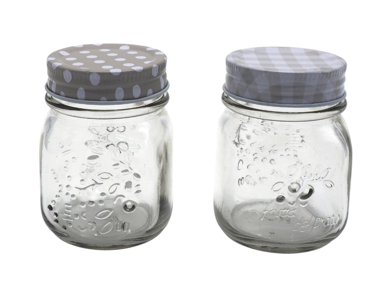 Barattoli in vetro marmellata con tappo tortora h.8,2xd.6cm. pois e quadri
