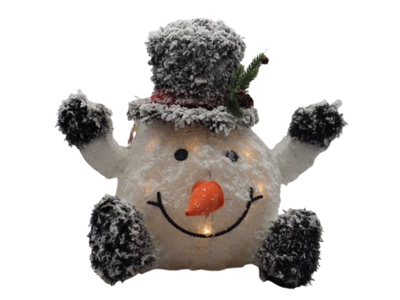 Pupazzo di neve seduto misura h.46x30x36cm in tinsel con 15 luci led calde