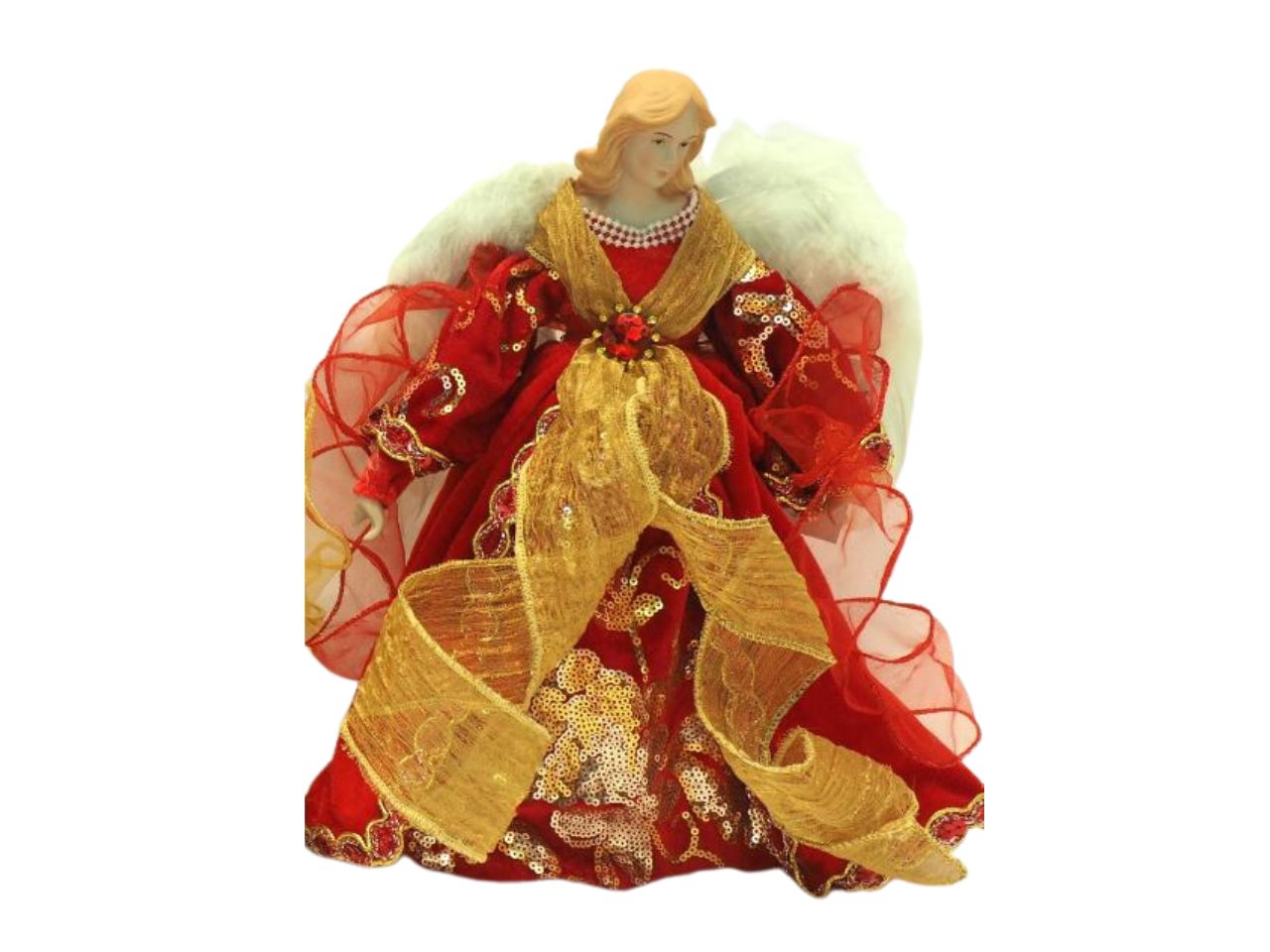 Puntale natalizio angelo grande misura h.45cm con veste in tessuto e organza colore rosso