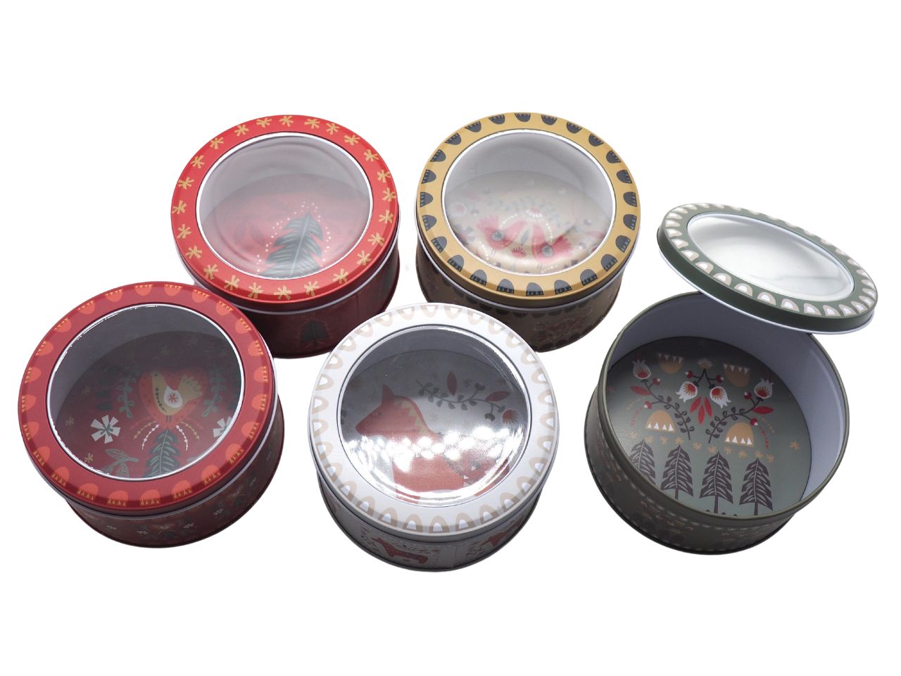 Scatola latta con coperchio trasparente 13,5xh.7cm 5 decori assortiti