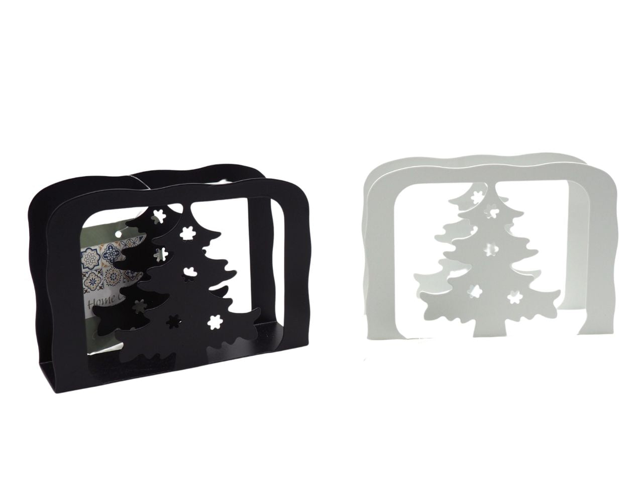 Porta tovaglioli natalizio in metallo nero e bianco con decoro albero 10x13,5x4 cm - Creare Italia