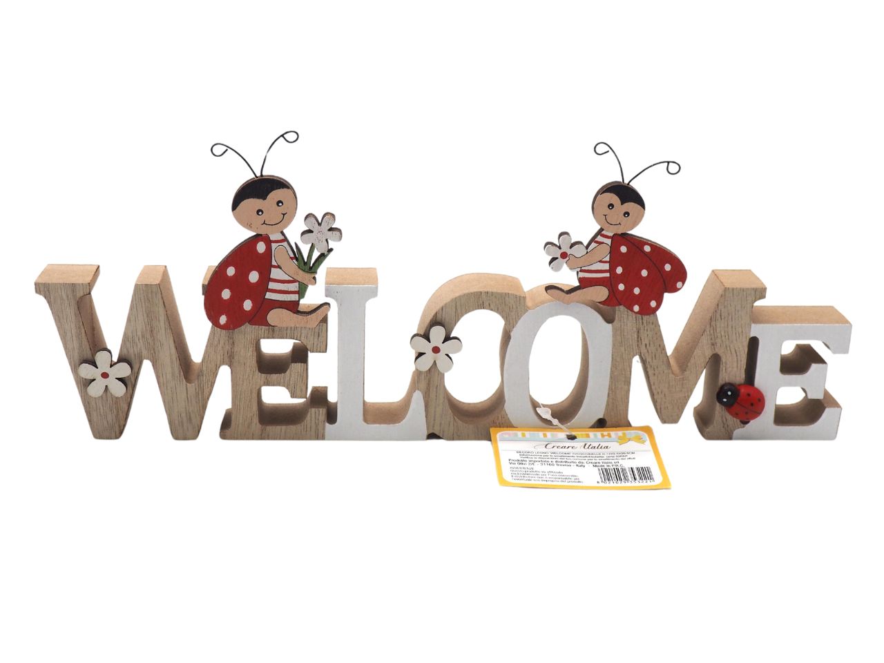 Scritta legno welcome con coccinelle h.12x2,5x29,5cm