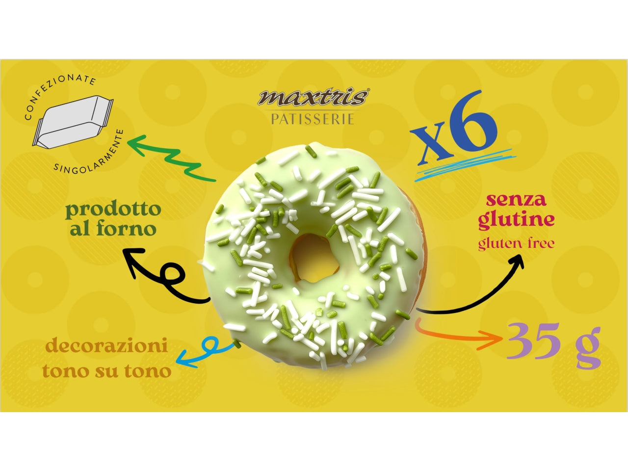 Donuts ciambelle al pistacchio senza glutine, in scatola da 6 pezzi confezionati singolarmente - Maxtris