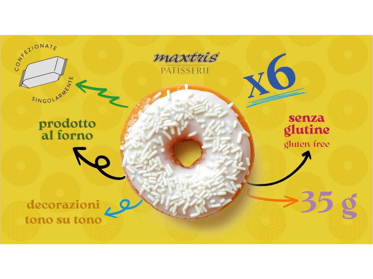 Donuts ciambelle alla panna senza glutine, in scatola da 6 pezzi confezionati singolarmente - Maxtris