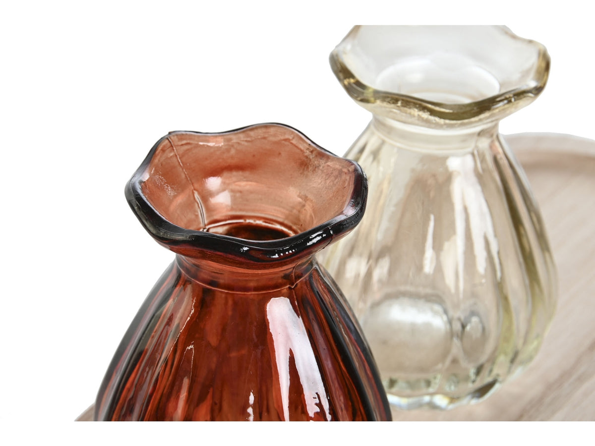 Vaso decorativo boho in paulownia e vetro multicolor, set da 3 vasetti e 1 vassoio, 25x10.5x11 cm - Item