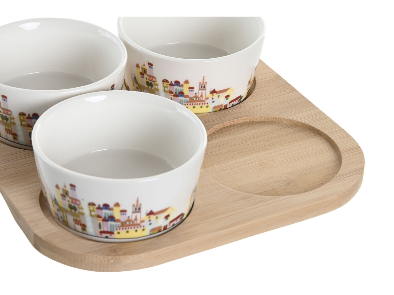 Ciotole per aperitivo in gres porcellana e bambÃ¹ multicolor in stile contemporaneo, vassoio con 4 ciotole - Item