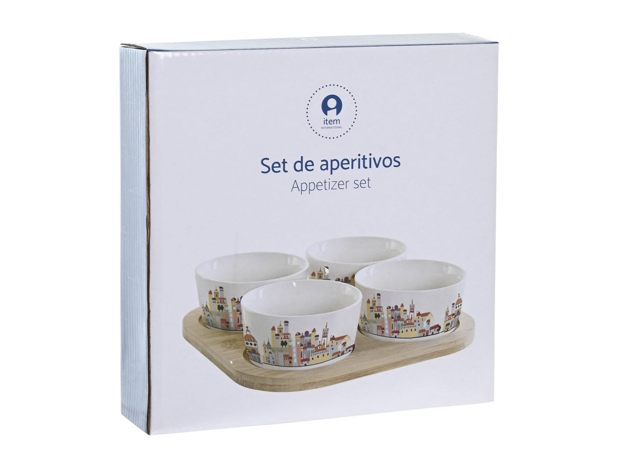 Ciotole per aperitivo in gres porcellana e bambÃ¹ multicolor in stile contemporaneo, vassoio con 4 ciotole - Item