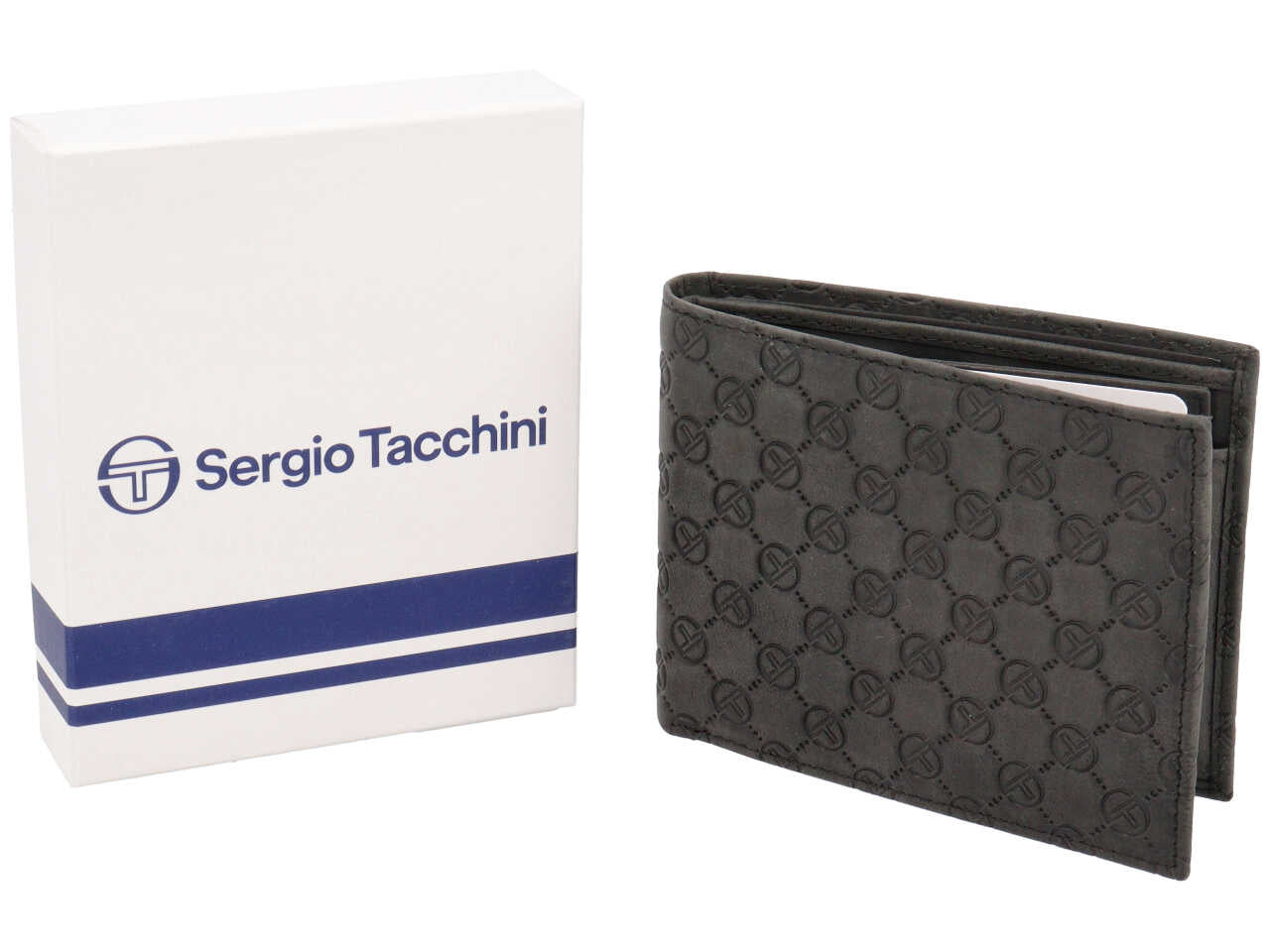 Portafoglio da uomo in pelle nero con logo e portacarte estraibile, 10x13 cm - Sergio Tacchini