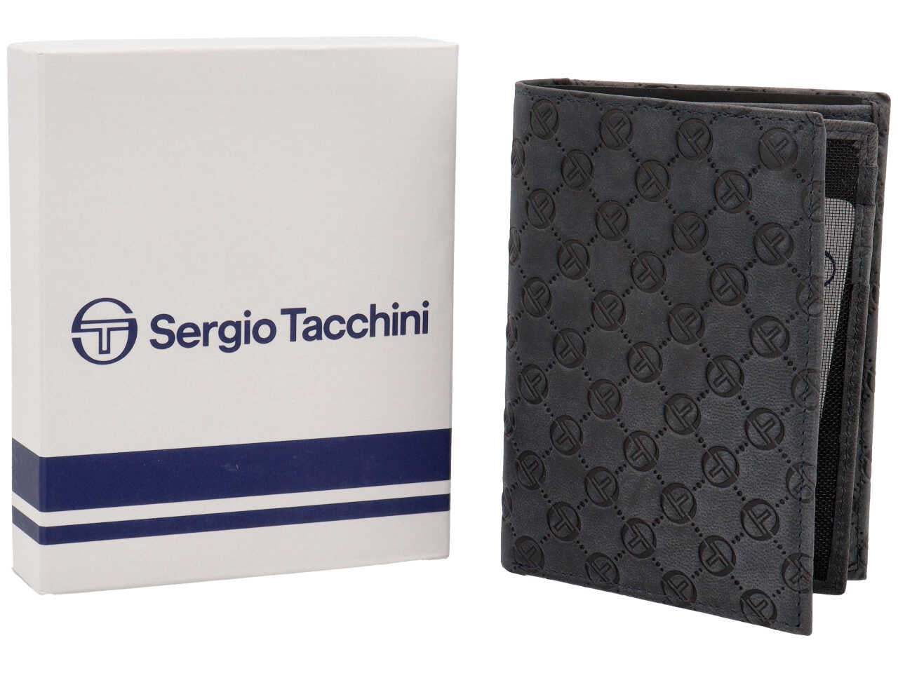 Portafoglio da uomo in pelle blu scuro con logo, chiusura a libro, 12,5x9,5 cm - Sergio Tacchini