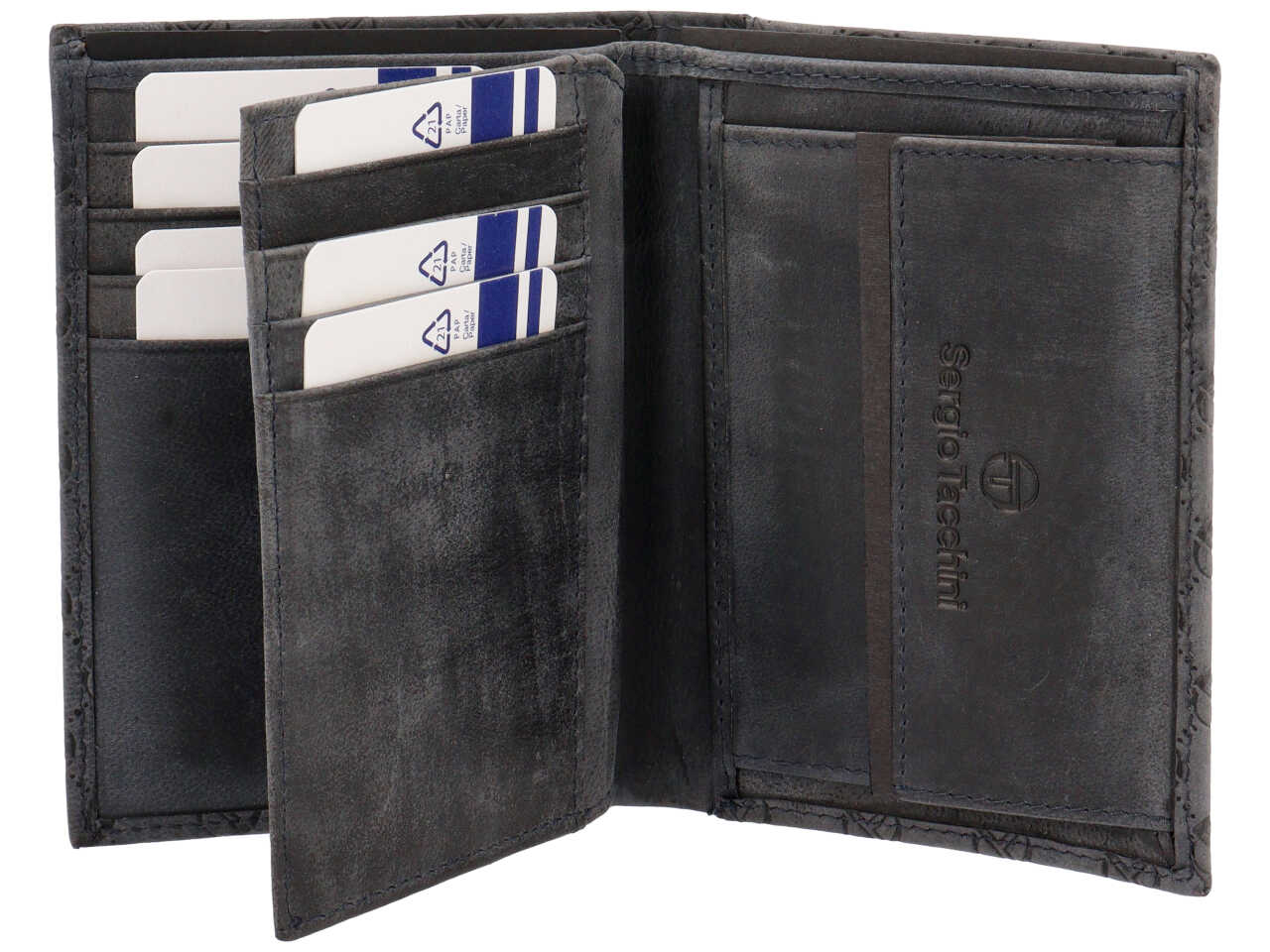 Portafoglio da uomo in pelle blu scuro con logo, chiusura a libro, 12,5x9,5 cm - Sergio Tacchini