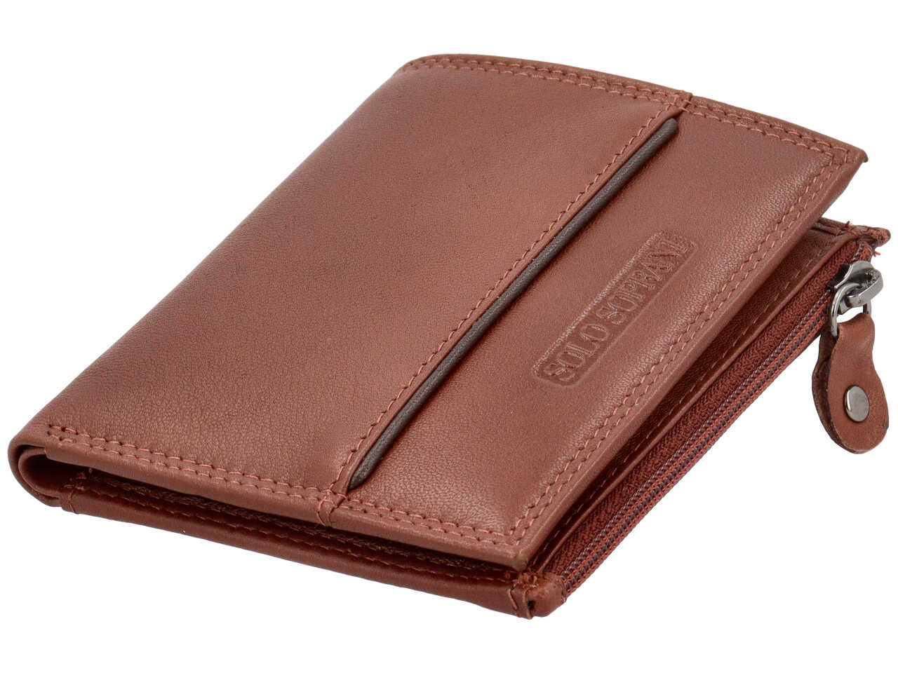 Portafoglio da uomo in pelle marrone con portamonete laterale e inserto marrone scuro, 8x13 cm - Solo Soprani
