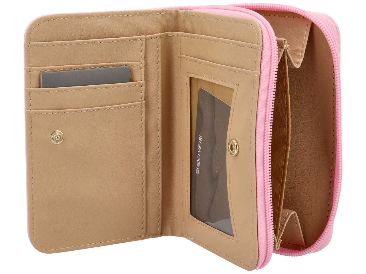 Portafoglio da donna in similpelle rosa, chiusura con bottone e portamonete, 10x15x3 cm - Guido Vietri