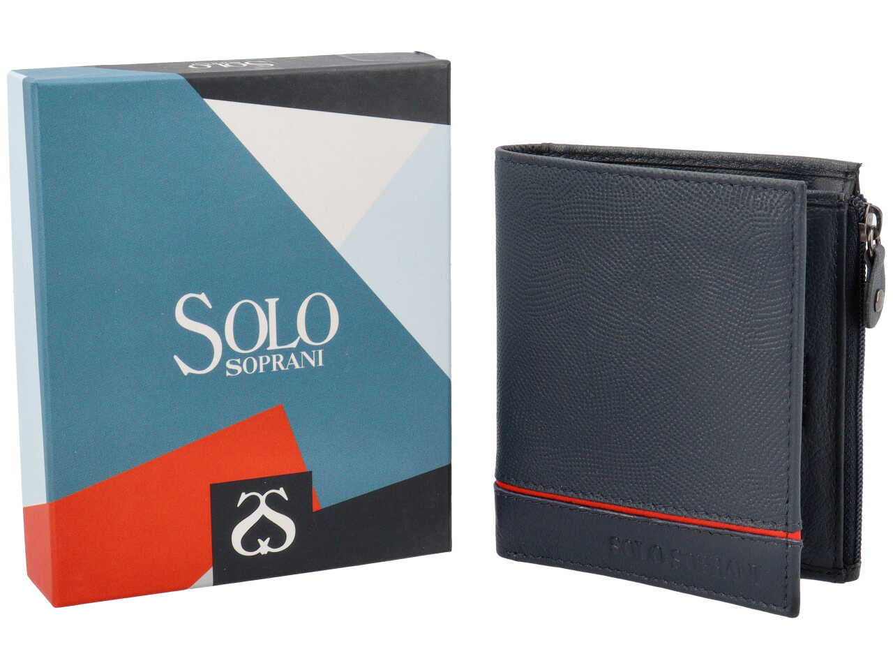 Portafoglio da uomo in pelle martellata blu con inserto rosso, chiusura a libro e portamonete laterale, 11x9.5x1.5 cm - Solo Soprani