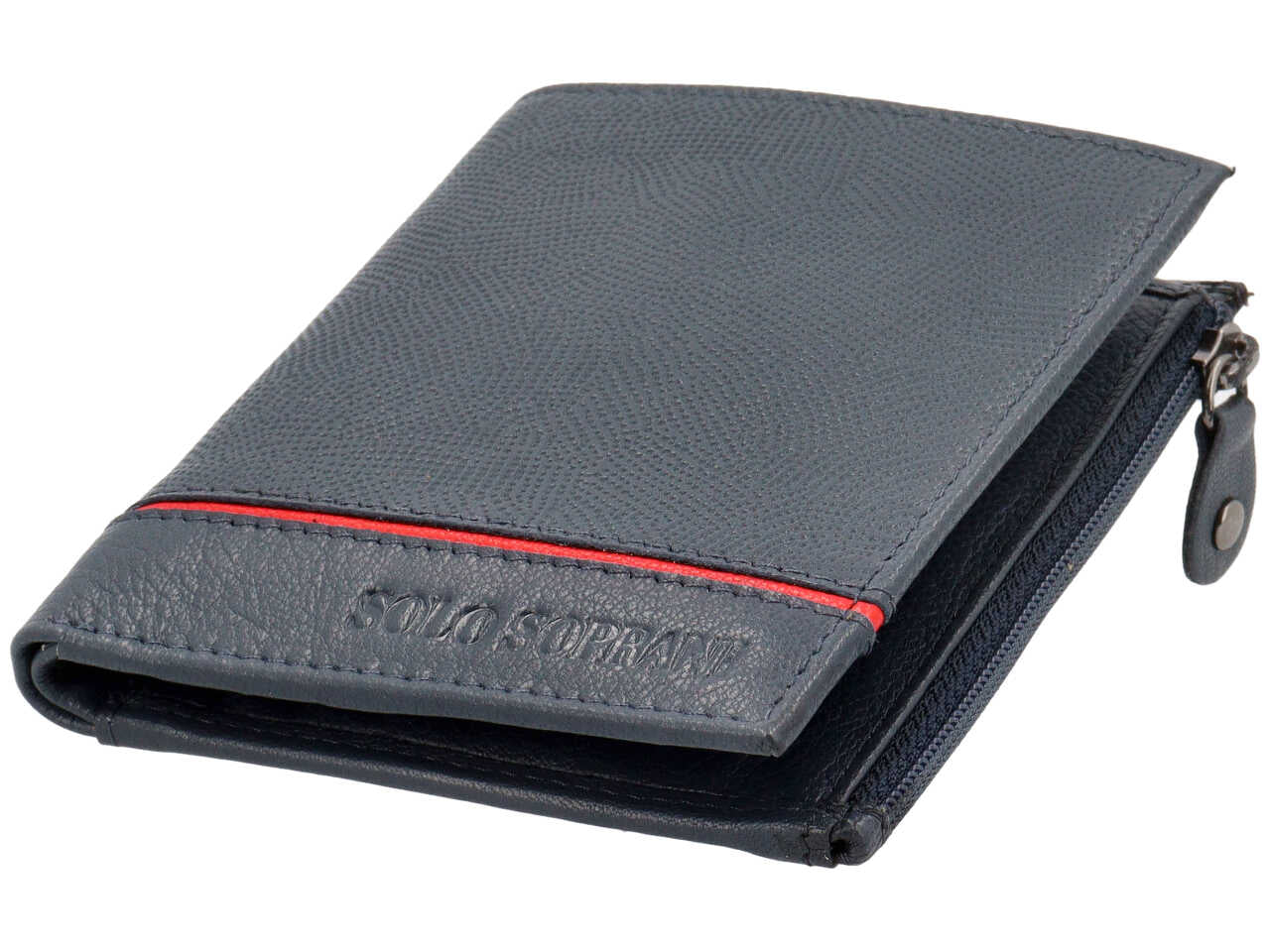 Portafoglio da uomo in pelle martellata blu con inserto rosso, chiusura a libro e portamonete laterale, 11x9.5x1.5 cm - Solo Soprani
