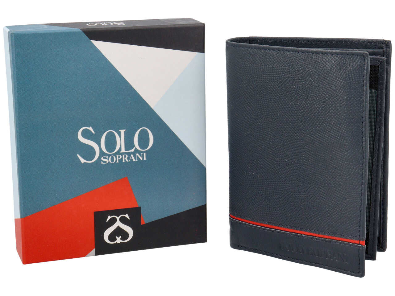 Portafoglio da uomo in pelle martellata blu con inserto rosso, chiusura a libro e portamonete, 12,5x9 cm - Solo Soprani