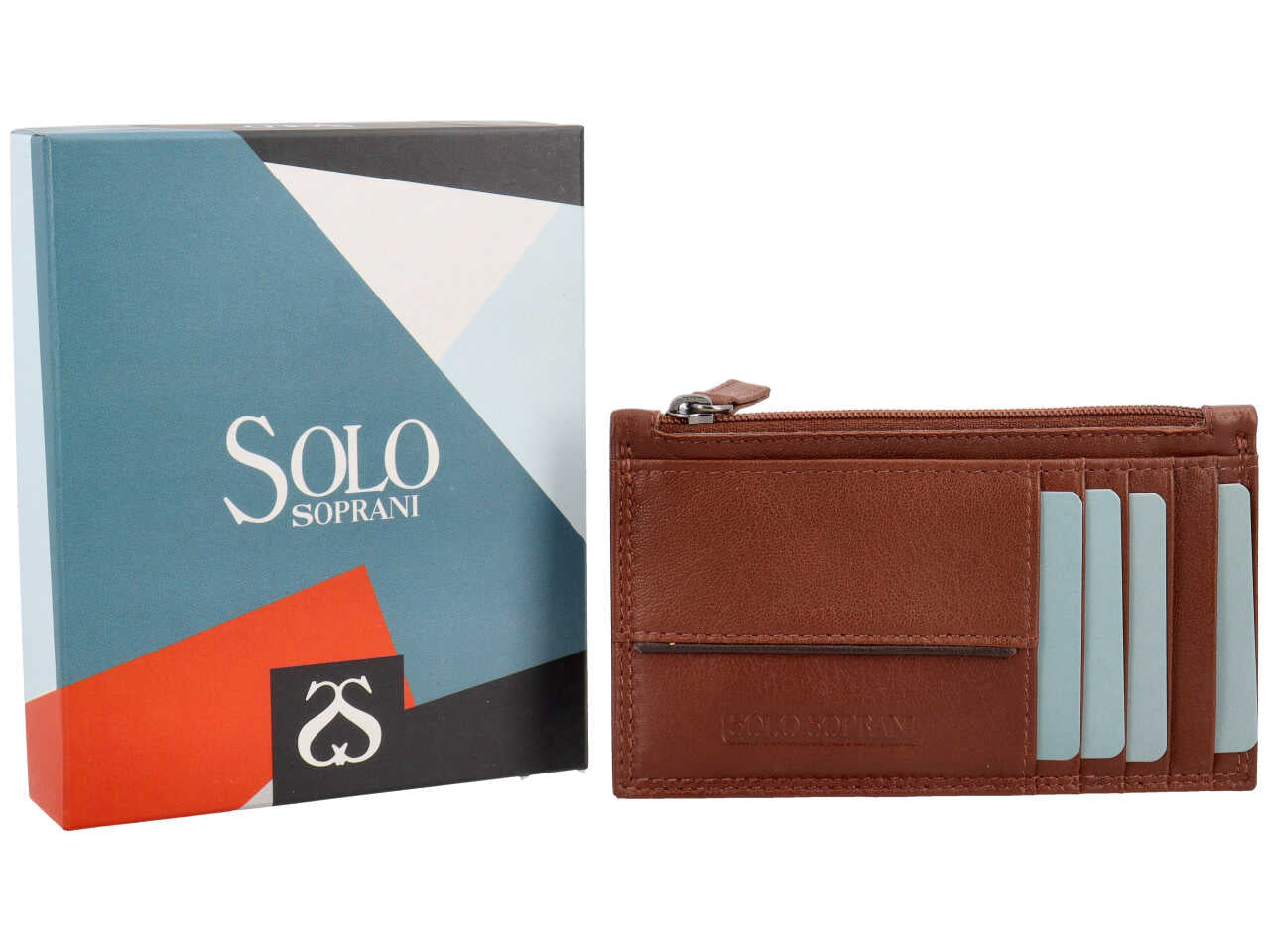 Portacarte da uomo in pelle marrone con portamonete e inserto marrone scuro, 8x13 cm - Solo Soprani