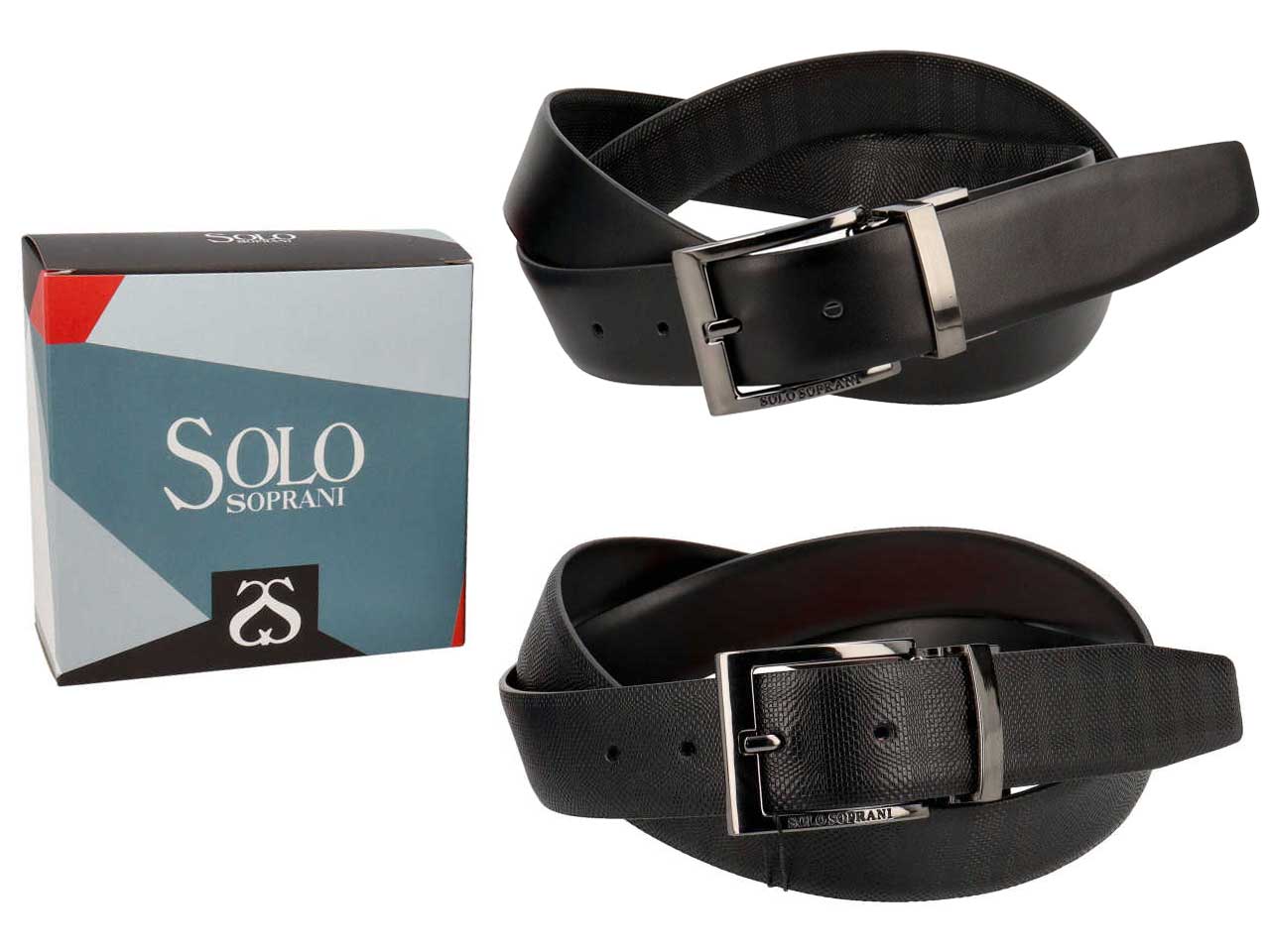Cintura da uomo nero in pelle reversibile con decoro liscio e lavorato, larghezza 3,5 cm in taglie assortite dalla 115 alla 130 - Solo Soprani