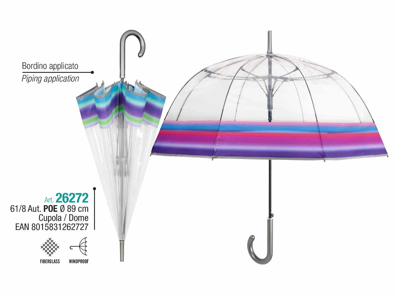 Ombrello donna cupola aut.61cm bordo rigato 26272