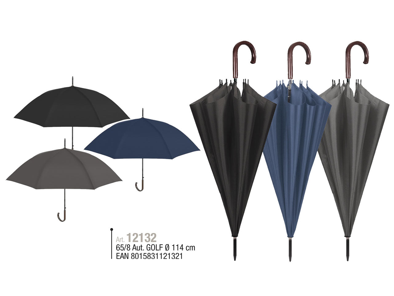 Ombrello golf da uomo 65cm con apertura automatica nero blu e grigio
