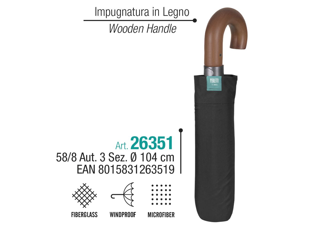 Ombrello da uomo mini con apertura automatica colore nero impugnatura in legno curva perletti