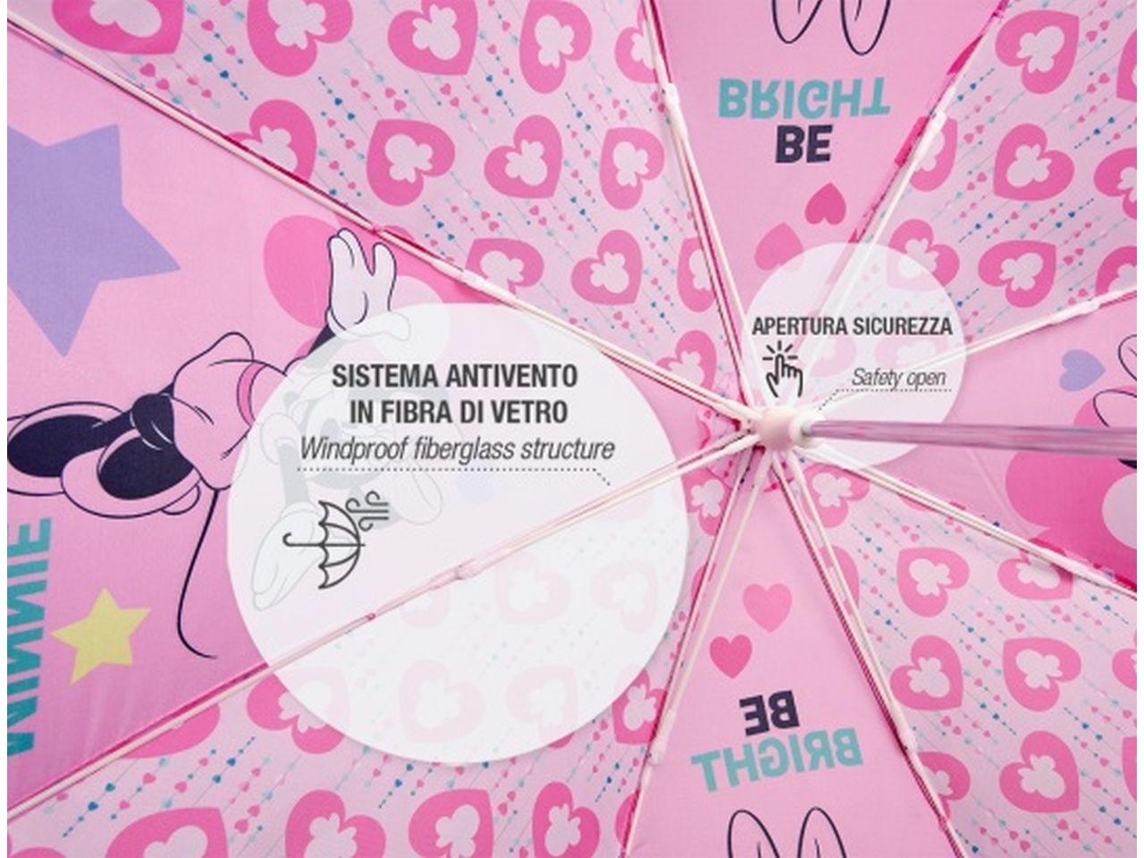 Ombrello con apertura manuale 38cm e apertura di sicurezza fantasia minnie