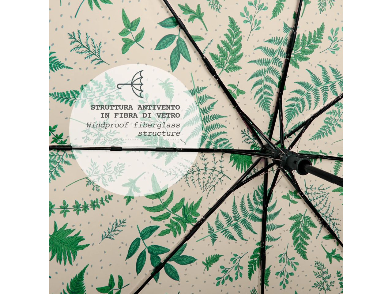 Ombrello da donna mini con apertura automatica fantasia foglie perletti linea green