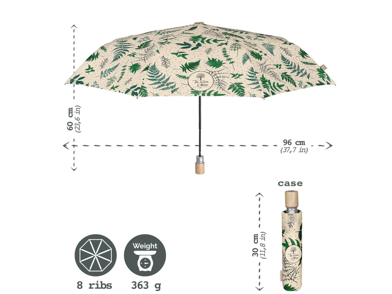 Ombrello da donna mini con apertura automatica fantasia foglie perletti linea green