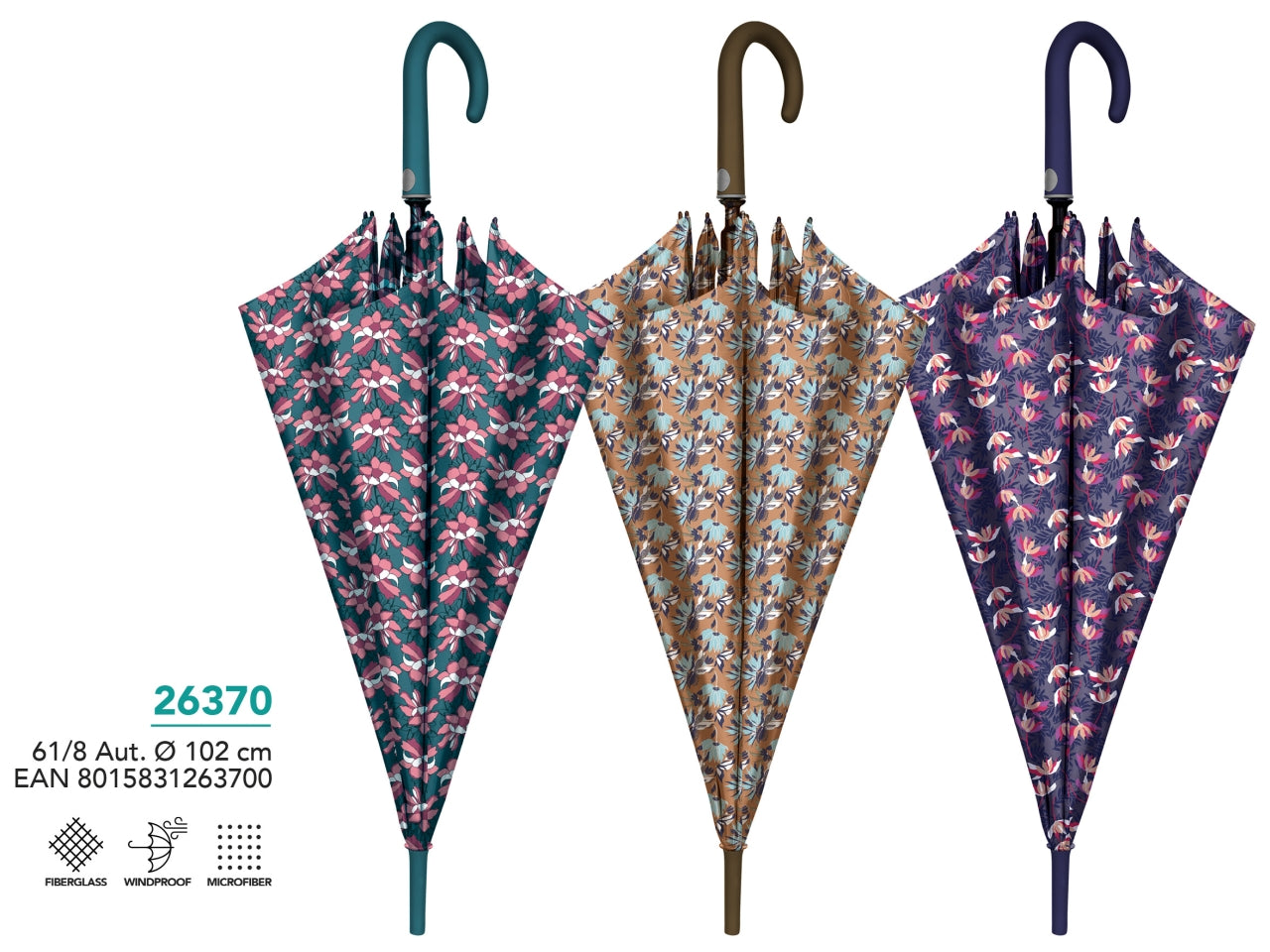 Ombrello da donna con apertura automatica 3 colori assortiti floreale - Perletti
