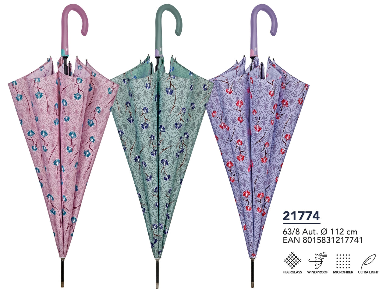 Ombrello XL da donna con apertura automatica floreale in 3 colori assortiti - Perletti