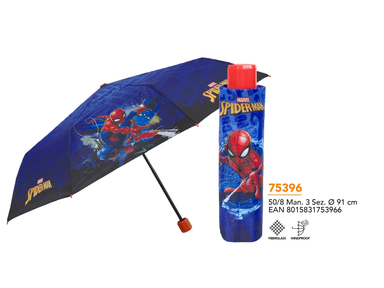 Ombrello tascabile Spiderman da bambino blu, apertura manuale  - Perletti