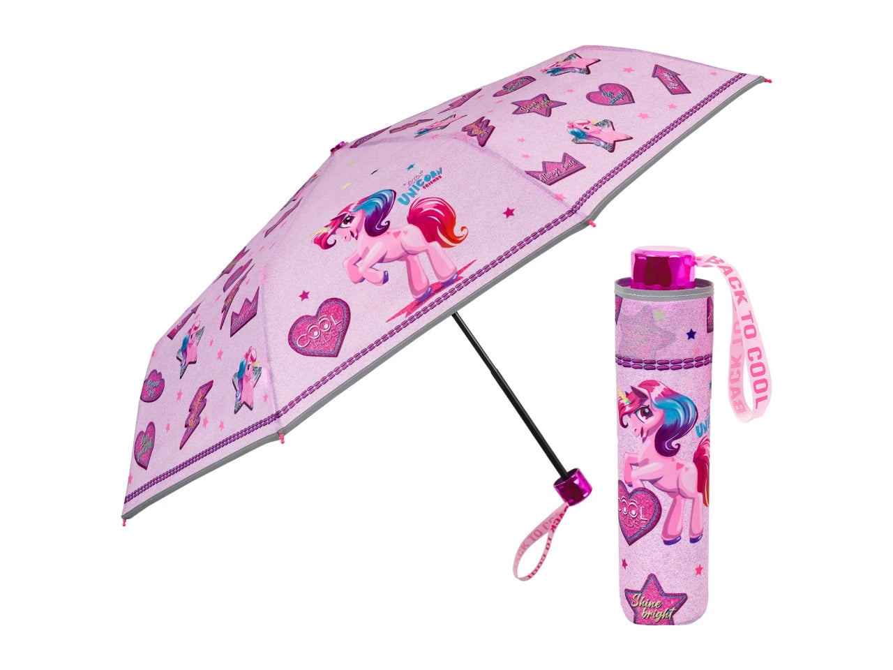 Ombrello tascabile da bambina con unicorni rosa, apertura manuale  - Perletti