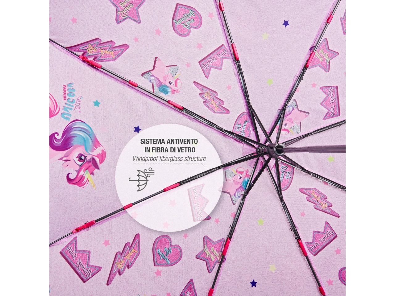 Ombrello tascabile da bambina con unicorni rosa, apertura manuale  - Perletti