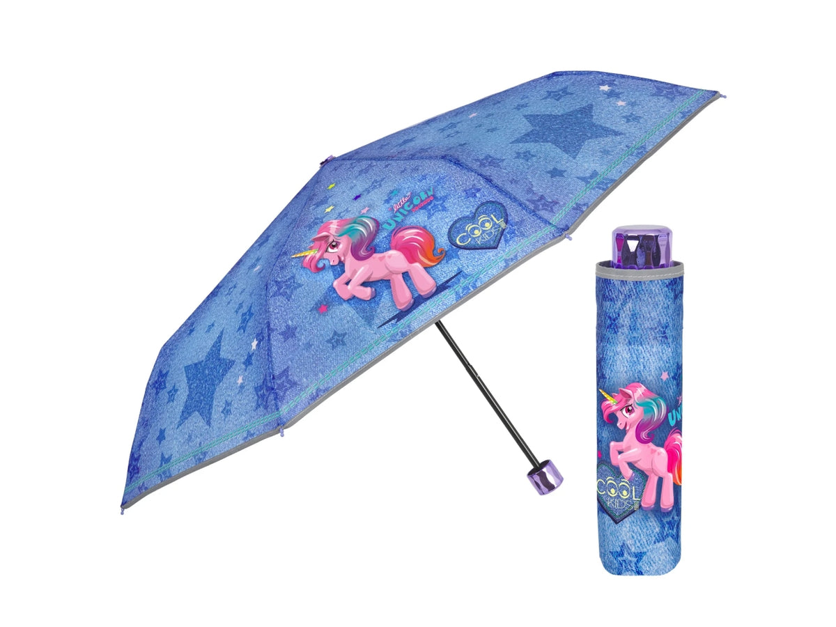 Ombrello tascabile da bambina con unicorni blu jeans, apertura manuale  - Perletti $