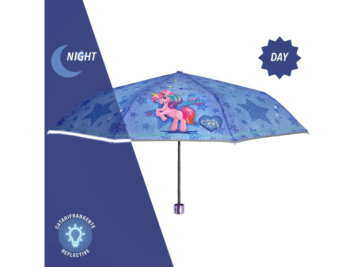 Ombrello tascabile da bambina con unicorni blu jeans, apertura manuale  - Perletti $