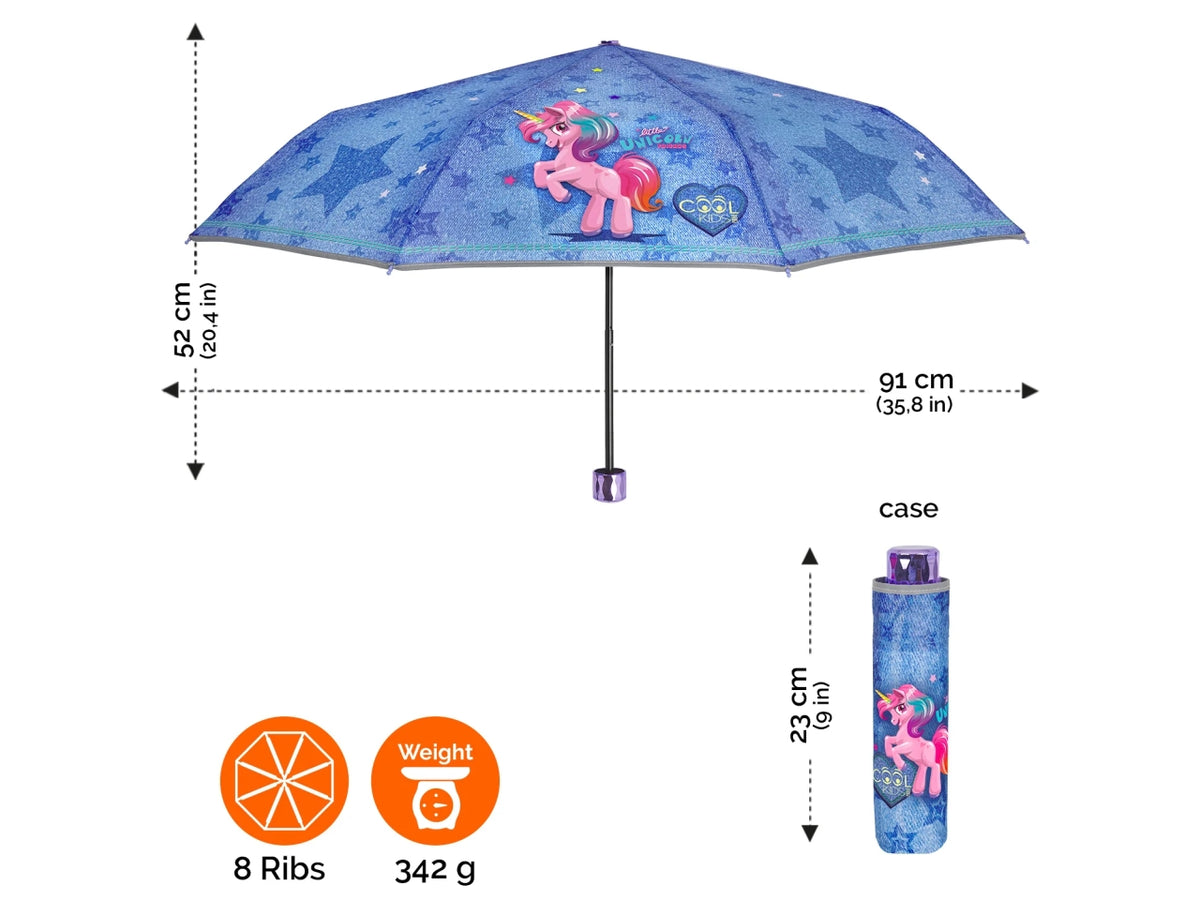 Ombrello tascabile da bambina con unicorni blu jeans, apertura manuale  - Perletti $