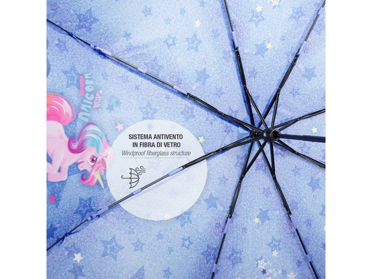 Ombrello tascabile da bambina con unicorni blu jeans, apertura manuale  - Perletti $