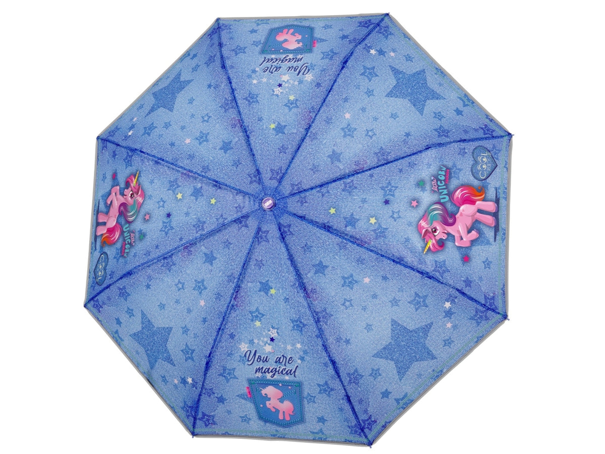 Ombrello tascabile da bambina con unicorni blu jeans, apertura manuale  - Perletti $