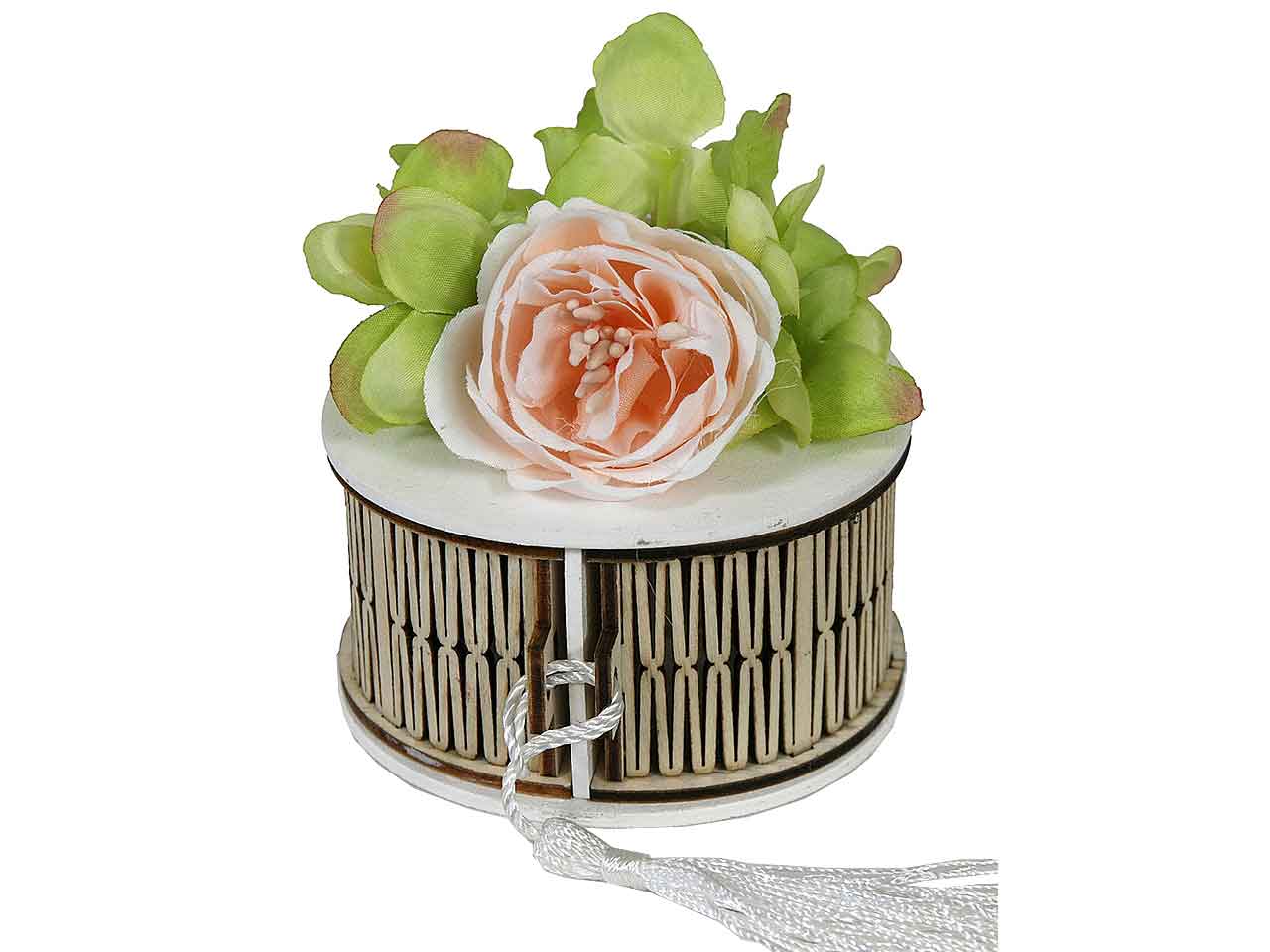 Scatola tonda legno c/fiori 8x4cm lav237