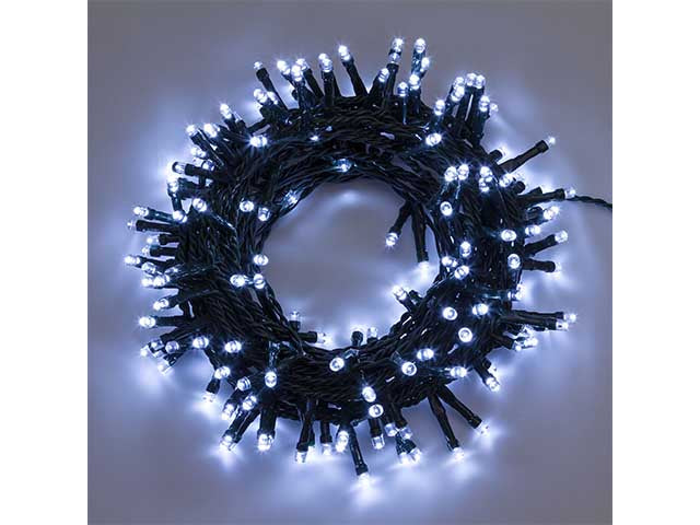 Catena 120led bianco freddo con 8 giochi di luce, filo verde 2+4,8mt uso interno/esterno