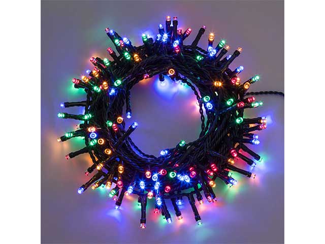 Catena 120led multicolor con 8 giochi di luce, filo verde 2+4,8mt uso interno/esterno