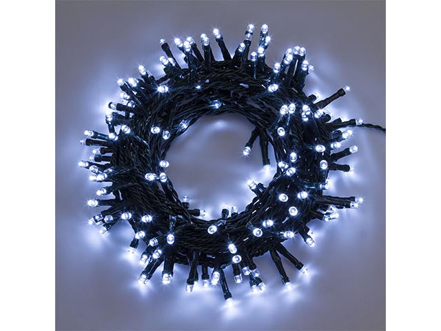 Catena 200led bianco freddo con 8 giochi di luce, filo verde 2+8mt uso interno/esterno