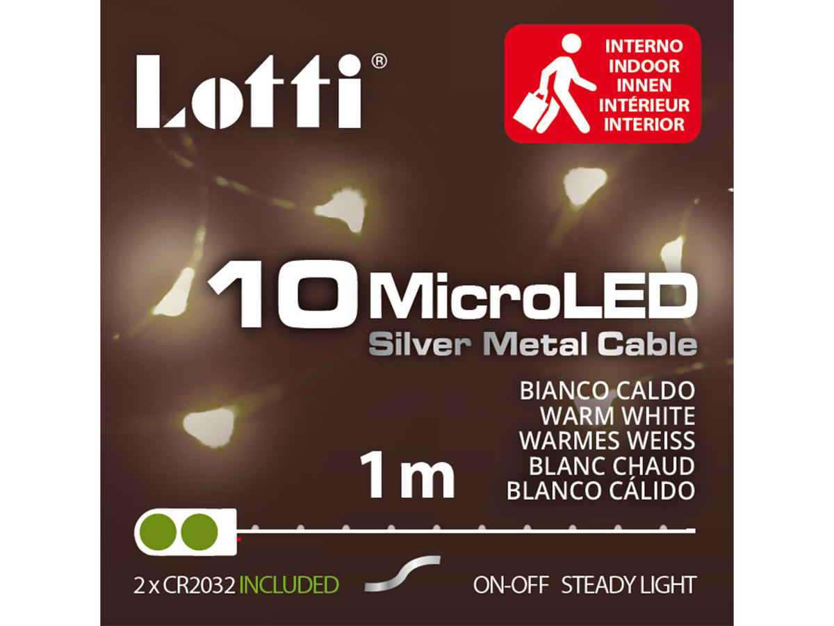 Luci con filo in metallo argento 1mt, 10 micro led bianco caldo, luce fissa, a batteria 2xCR2032 incluse
