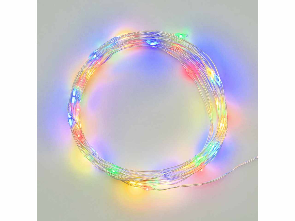 Luci con filo in metallo argento, 40 mini led multicolor, luce fissa, a batteria, uso interno