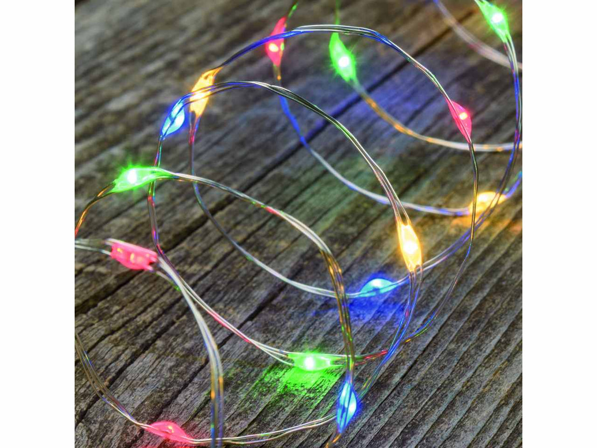 Luci con filo in metallo argento, 40 mini led multicolor, luce fissa, a batteria, uso interno