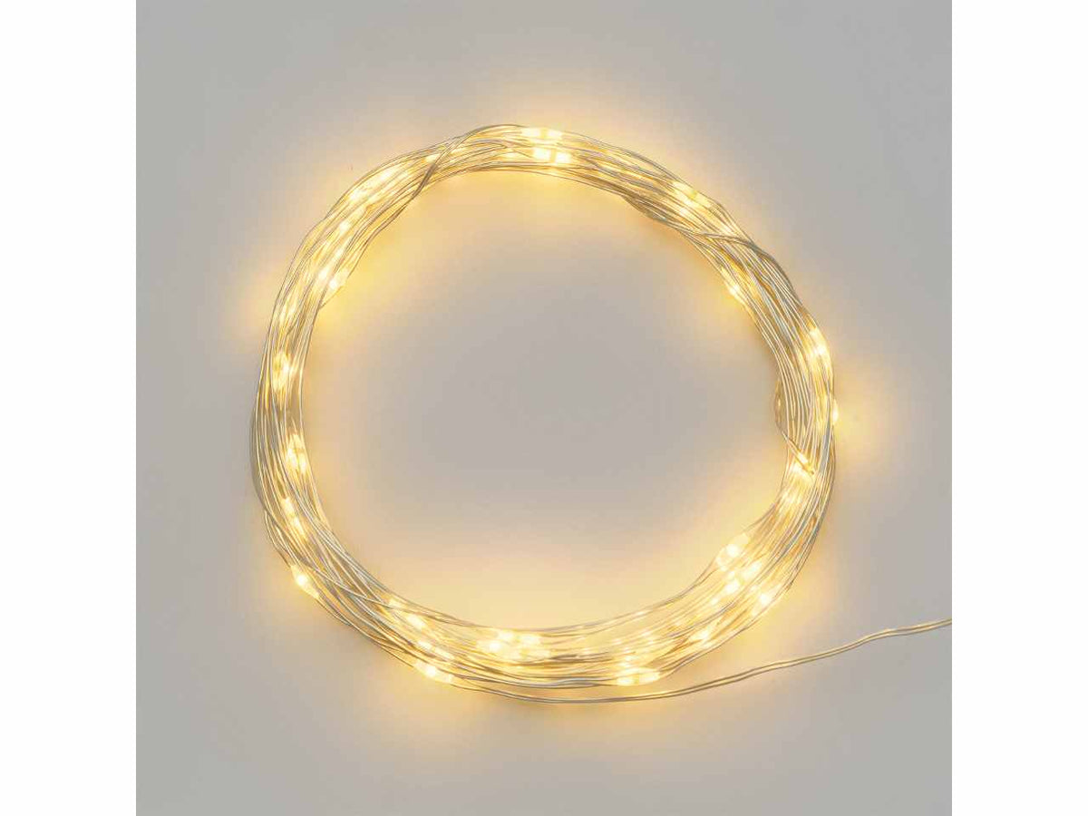 Luci con filo in metallo argento 4mt, 40 micro led bianco caldo, luce fissa, a batteria 2xCR2032 incluse