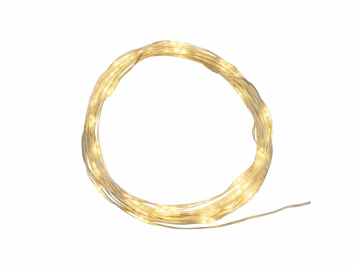 Luci con filo in metallo argento 4mt, 40 micro led bianco caldo, luce fissa, a batteria 2xCR2032 incluse