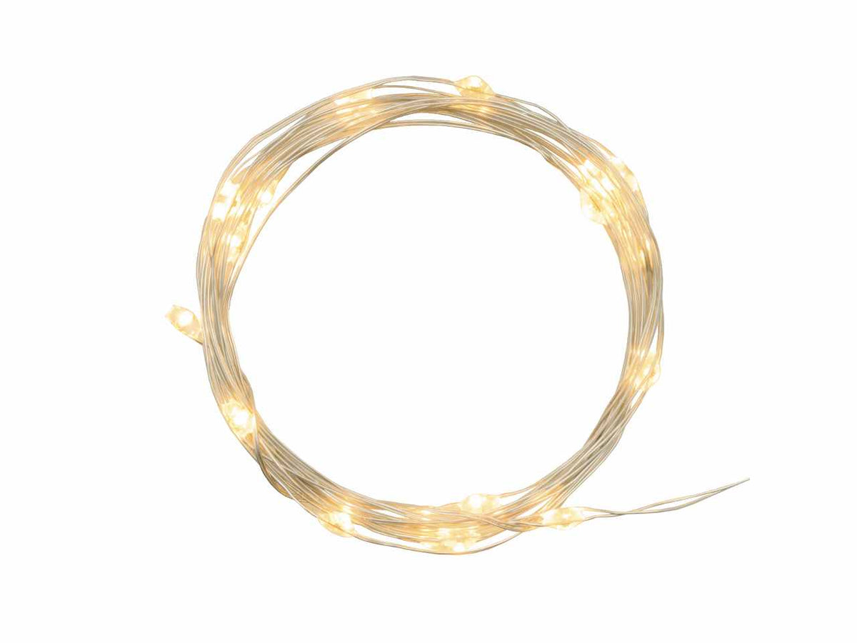 Luci con filo in metallo argento 2mt, 20 micro led bianco caldo, luce fissa, a batteria 2xCR2032 incluse