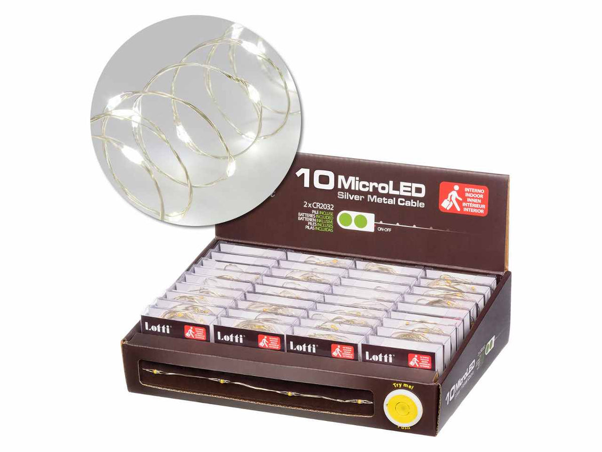 Luci con filo in metallo argento, 10 mini led bianco freddo, luce fissa, a batteria, uso interno