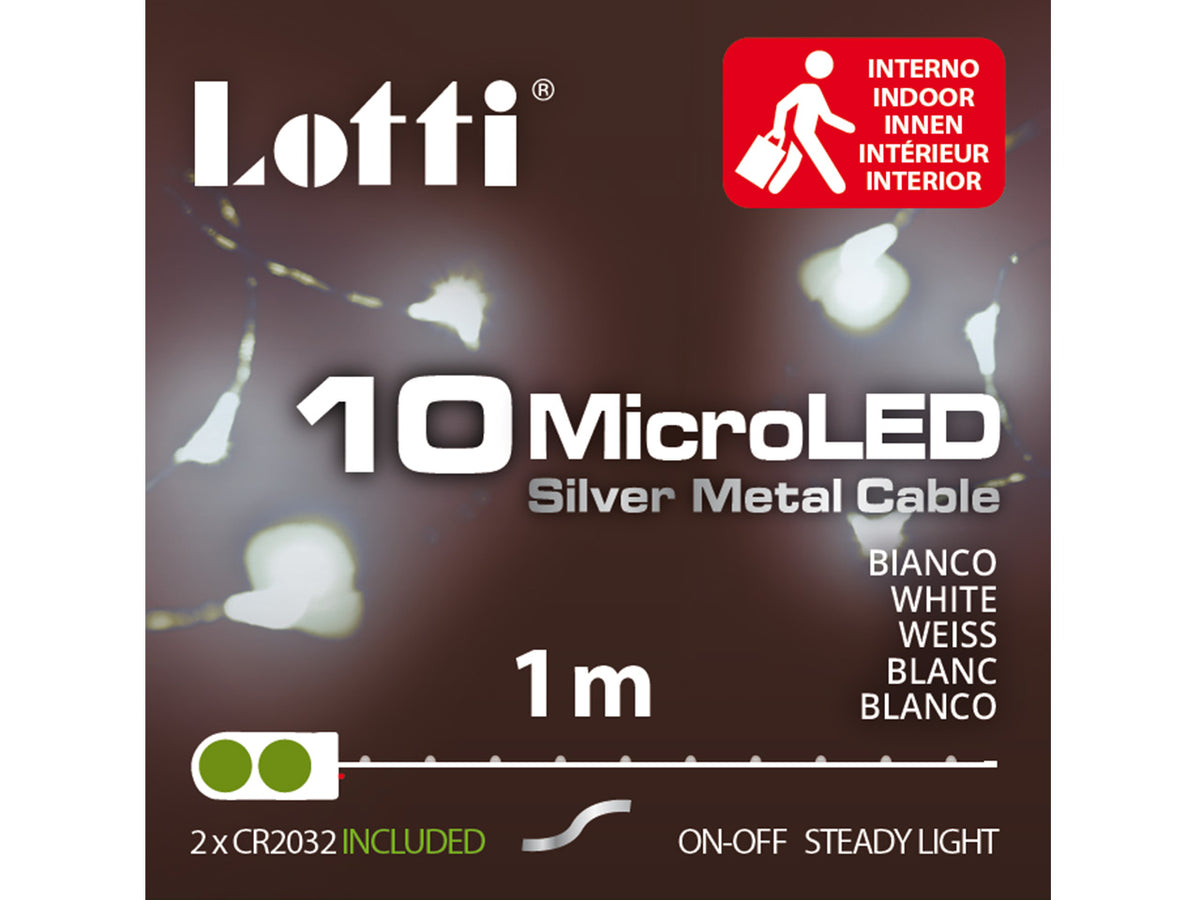 Luci con filo in metallo argento, 10 mini led bianco freddo, luce fissa, a batteria, uso interno