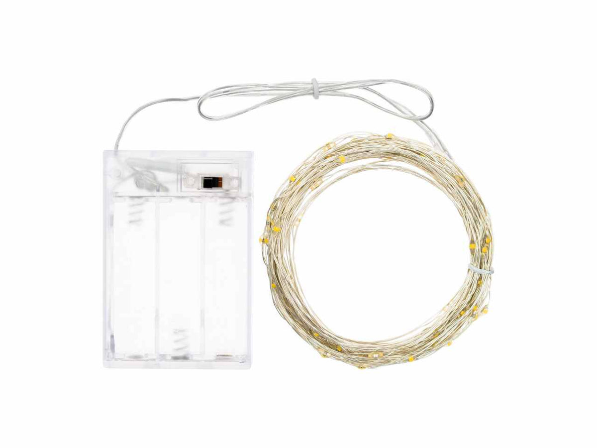 Luci con filo in metallo argento 10mt, 100 micro led bianco freddo, luce fissa, a batteria 3xAA 1,5V non incluse